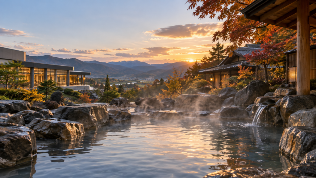 滝川の日帰り温泉をイメージした露天風呂の風景