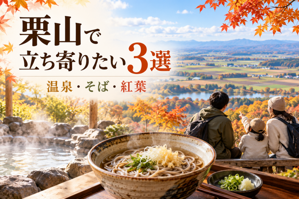 栗山の紅葉風景、温泉、そば、親子の日帰り旅行を表現したイメージ