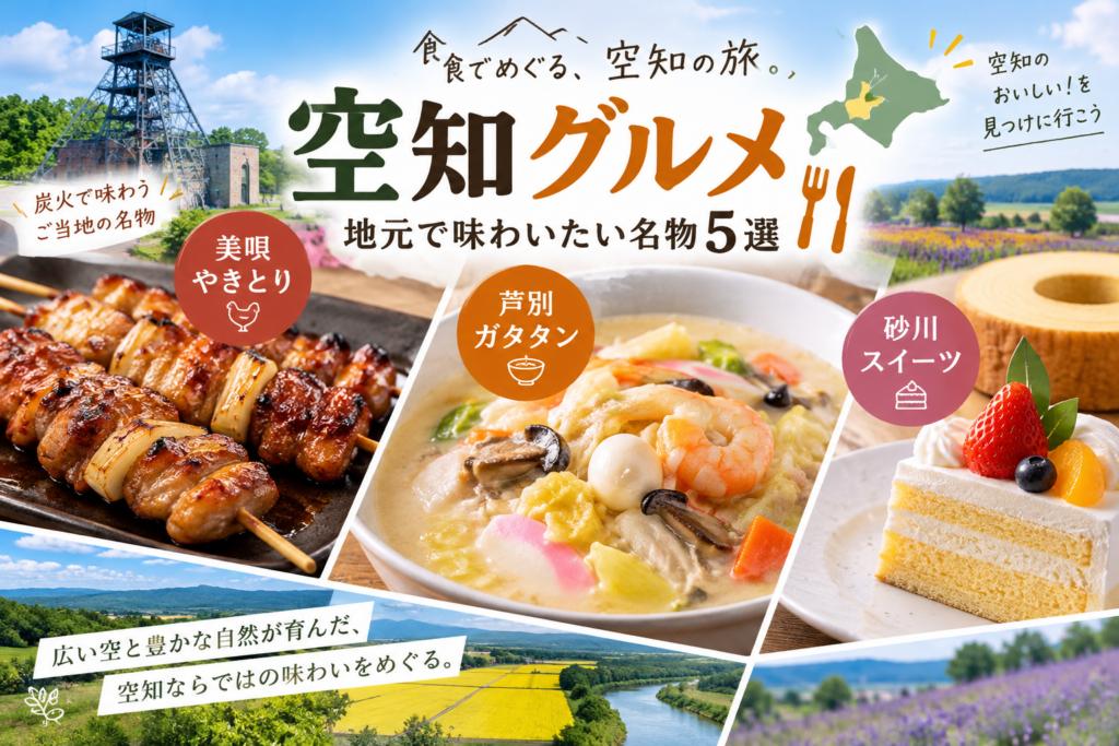 空知グルメの名物5選を紹介するイラスト。美唄やきとり、芦別ガタタン、砂川スイーツ